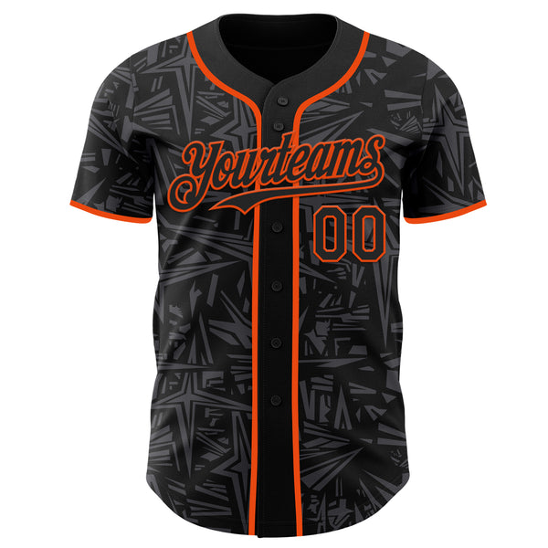 Custom Black Steel Gray-Orange Geometric Cyber Starburst Authentic Baseball Jersey