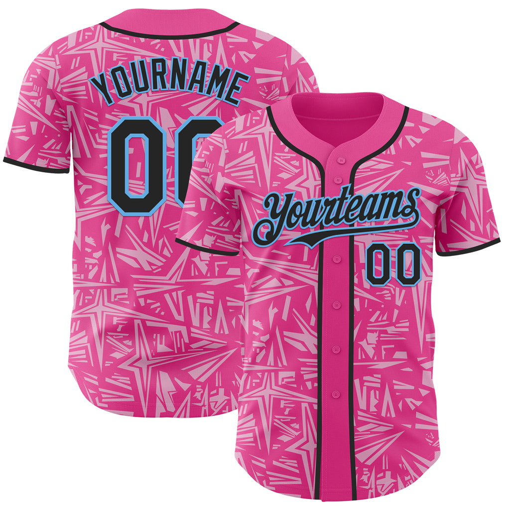Custom Pink Black Light Pink-Sky Blue Geometric Cyber Starburst Authentic Baseball Jersey