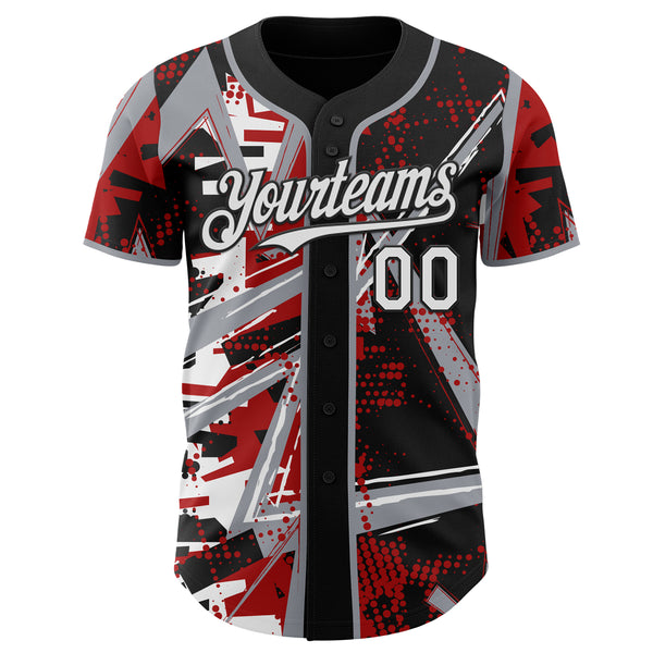 Custom Black White Red-Gray Geometric Shards Dot Grid Authentic Baseball Jersey