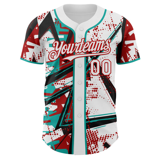 Custom White Black Red-Aqua Geometric Shards Dot Grid Authentic Baseball Jersey