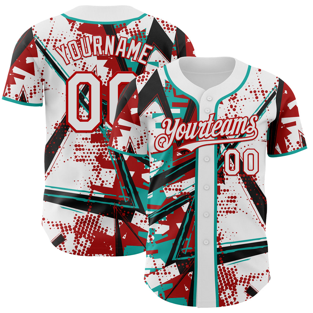 Custom White Black Red-Aqua Geometric Shards Dot Grid Authentic Baseball Jersey