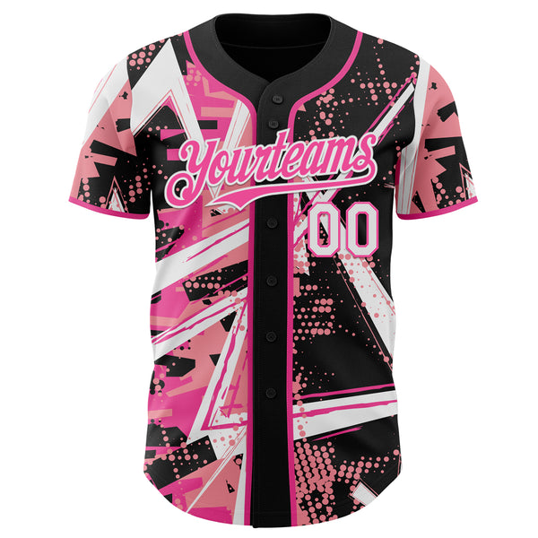 Custom Black White Medium Pink-Pink Geometric Shards Dot Grid Authentic Baseball Jersey