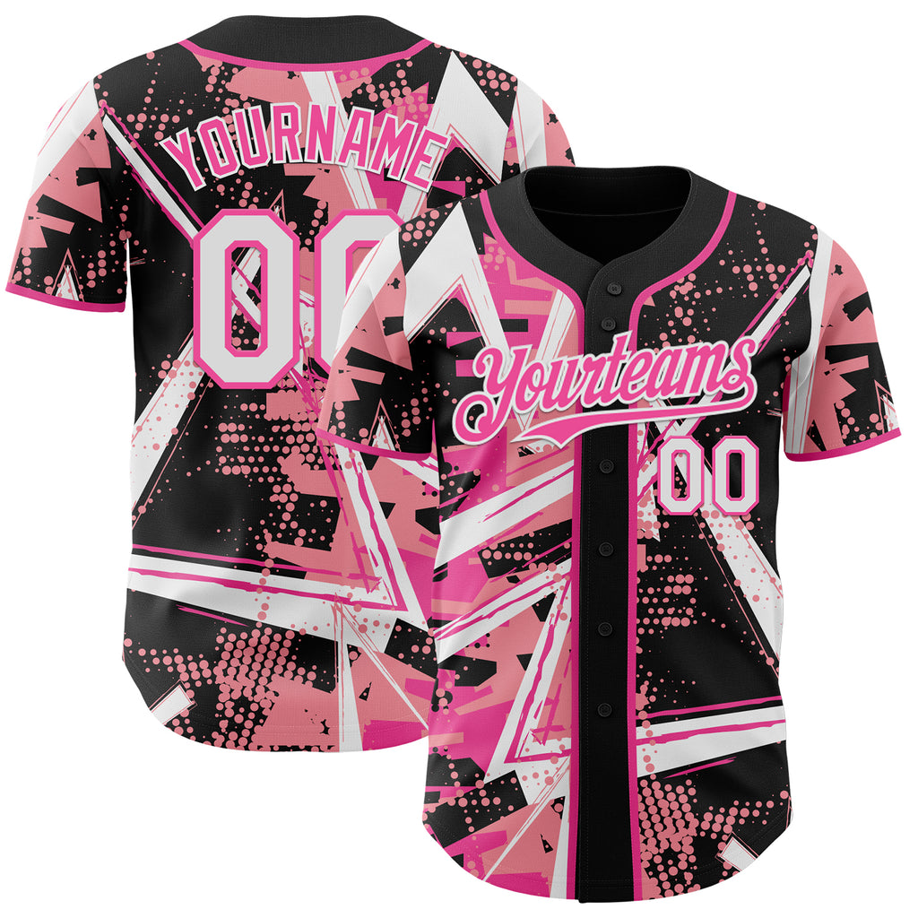 Custom Black White Medium Pink-Pink Geometric Shards Dot Grid Authentic Baseball Jersey