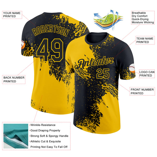 Custom Black-Yellow Abstract Brush Stroke Performance T-Shirt