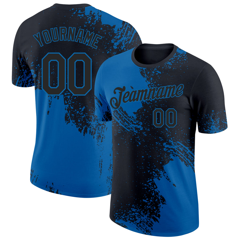 Custom Black-Blue Abstract Brush Stroke Performance T-Shirt