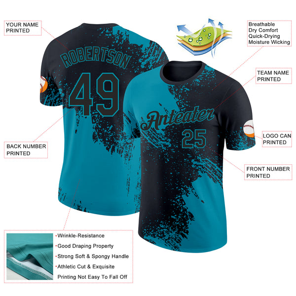 Custom Black-Teal Abstract Brush Stroke Performance T-Shirt