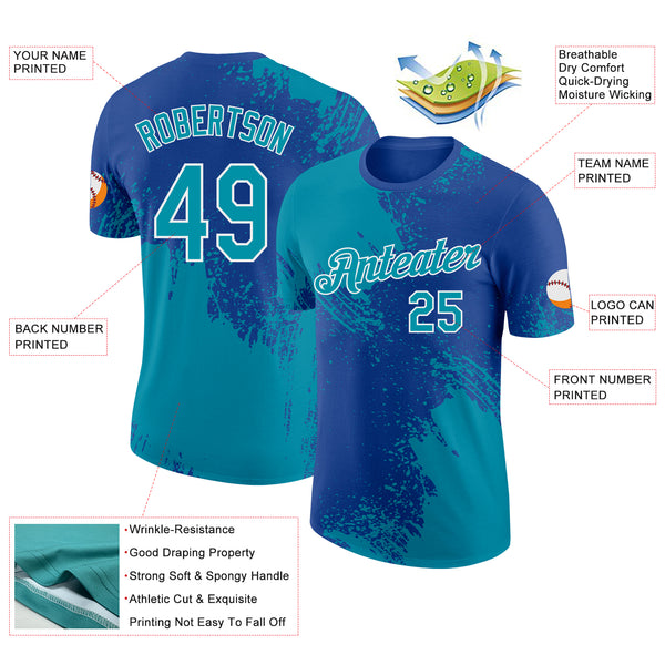 Custom Royal Teal-White Abstract Brush Stroke Performance T-Shirt