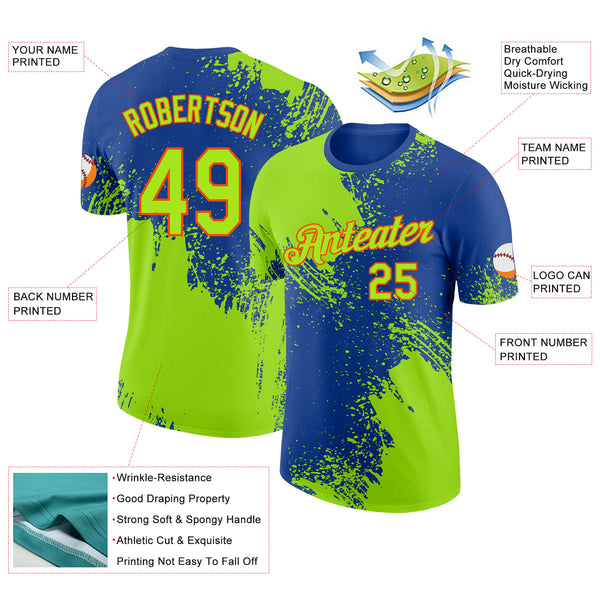 Custom Royal Neon Green-Orange Abstract Brush Stroke Performance T-Shirt