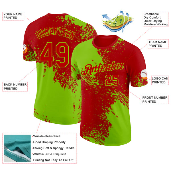Custom Red-Neon Green Abstract Brush Stroke Performance T-Shirt
