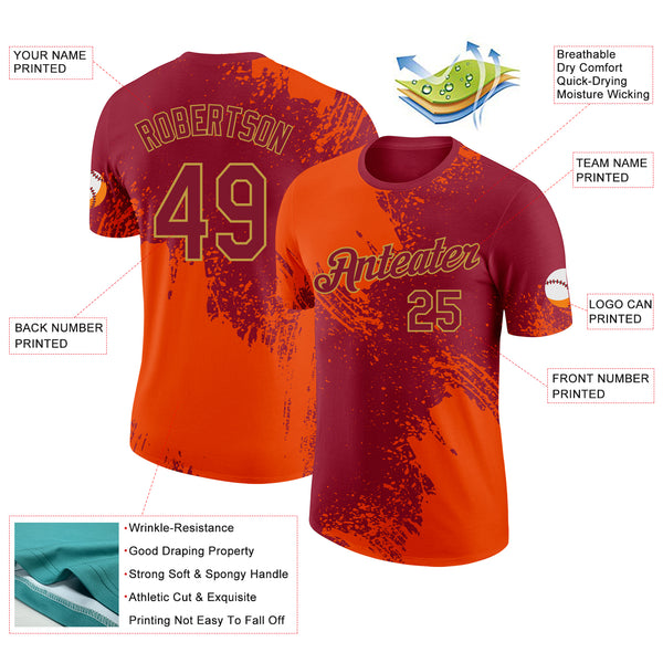 Custom Crimson Orange-Old Gold Abstract Brush Stroke Performance T-Shirt