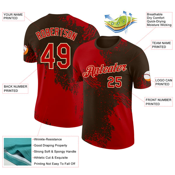 Custom Brown Red-Cream Abstract Brush Stroke Performance T-Shirt