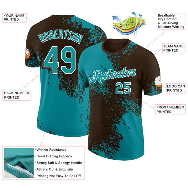 Custom Brown Teal-White Abstract Brush Stroke Performance T-Shirt