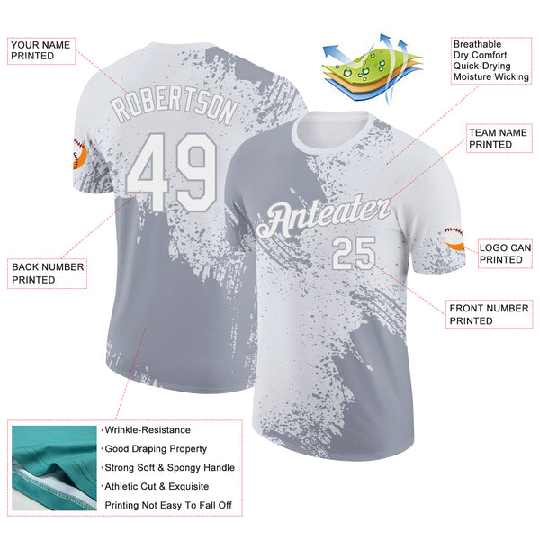 Custom White-Gray Abstract Brush Stroke Performance T-Shirt