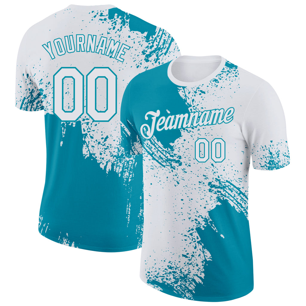 Custom White-Teal Abstract Brush Stroke Performance T-Shirt