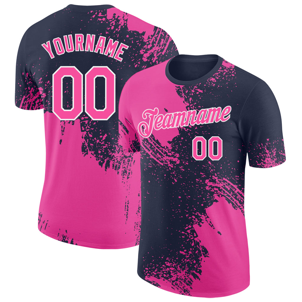 Custom Navy Pink-White Abstract Brush Stroke Performance T-Shirt