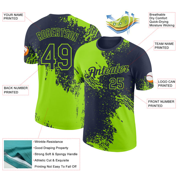 Custom Navy-Neon Green Abstract Brush Stroke Performance T-Shirt