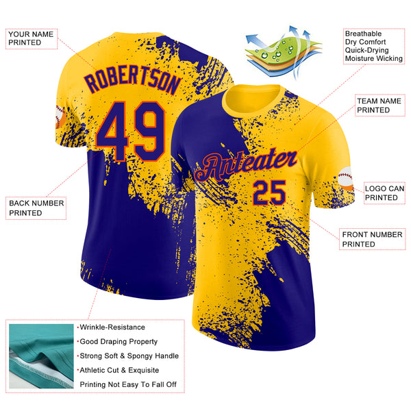 Custom Yellow Dark Purple-Orange Abstract Brush Stroke Performance T-Shirt
