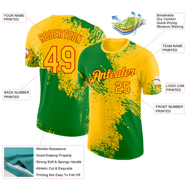 Custom Yellow Grass Green-Red Abstract Brush Stroke Performance T-Shirt