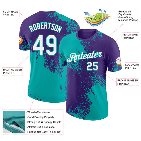 Custom Purple White-Aqua Abstract Brush Stroke Performance T-Shirt