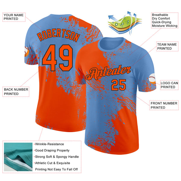 Custom Light Blue Orange-Black Abstract Brush Stroke Performance T-Shirt