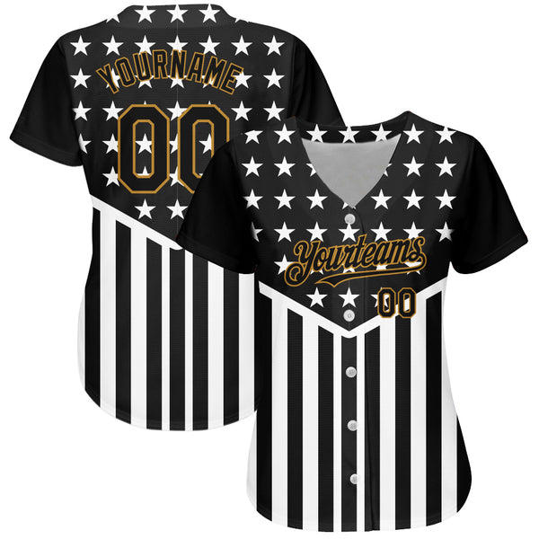 Custom Black Old Gold-White 3D American Flag Authentic Baseball Jersey