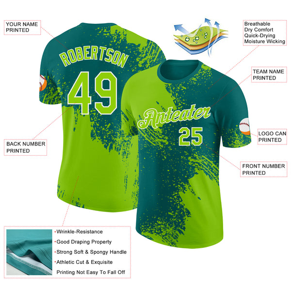 Custom Teal Neon Green-White Abstract Brush Stroke Performance T-Shirt