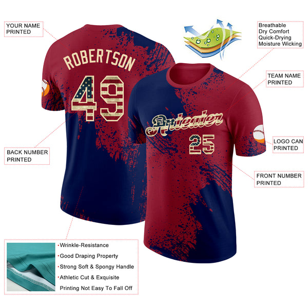 Custom Crimson Vintage USA Flag Navy-Cream Abstract Brush Stroke Performance T-Shirt