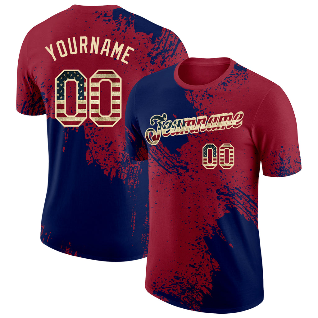Custom Crimson Vintage USA Flag Navy-Cream Abstract Brush Stroke Performance T-Shirt