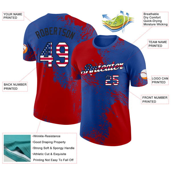 Custom Royal USA Flag Red-Black Abstract Brush Stroke Performance T-Shirt