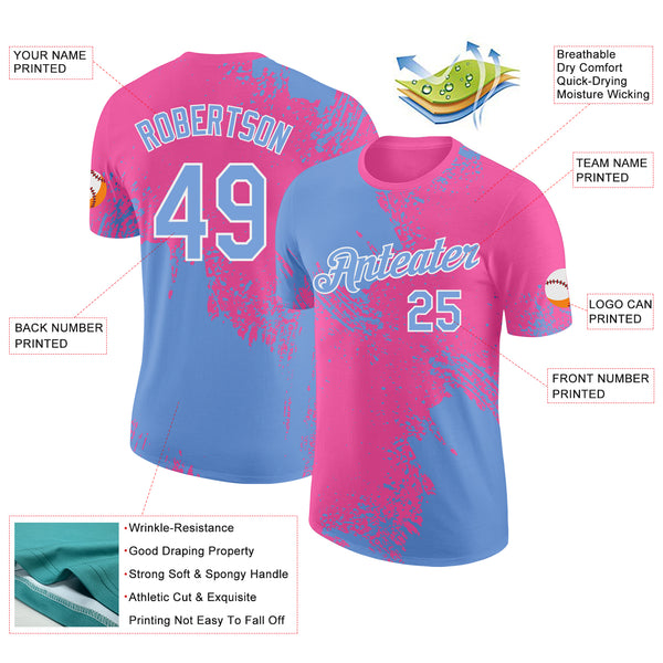 Custom Pink Light Blue-White Abstract Brush Stroke Performance T-Shirt