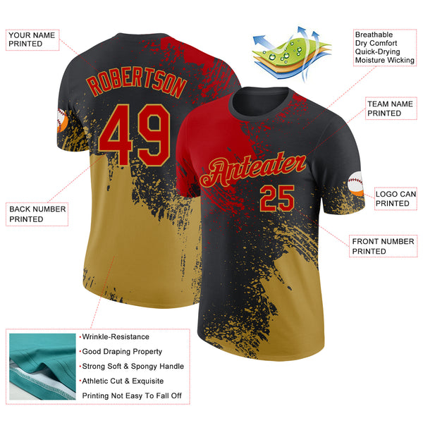Custom Black Red-Old Gold Abstract Brush Stroke Performance T-Shirt