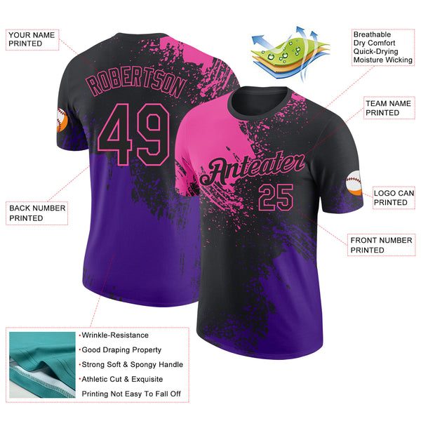 Custom Black Pink-Purple Abstract Brush Stroke Performance T-Shirt