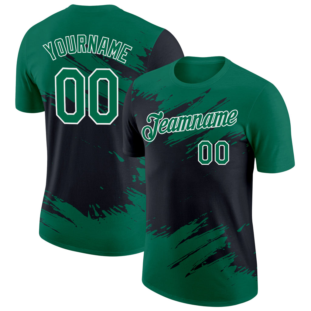 Custom Kelly Green Black-White Abstract Brush Stroke Splatter Performance T-Shirt