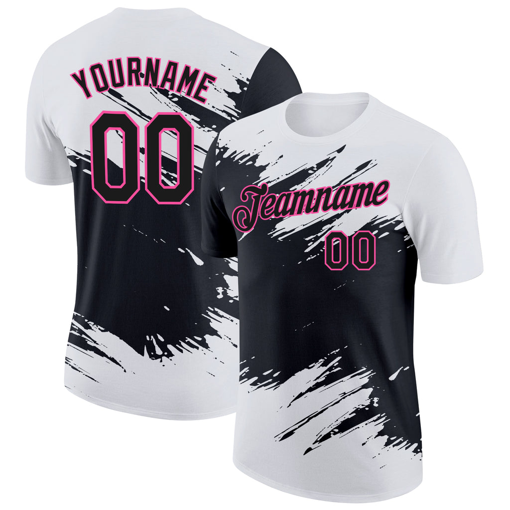 Custom White Black-Pink Abstract Brush Stroke Splatter Performance T-Shirt