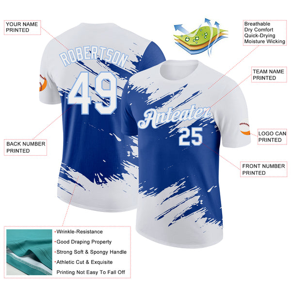Custom White Royal-Light Blue Abstract Brush Stroke Splatter Performance T-Shirt