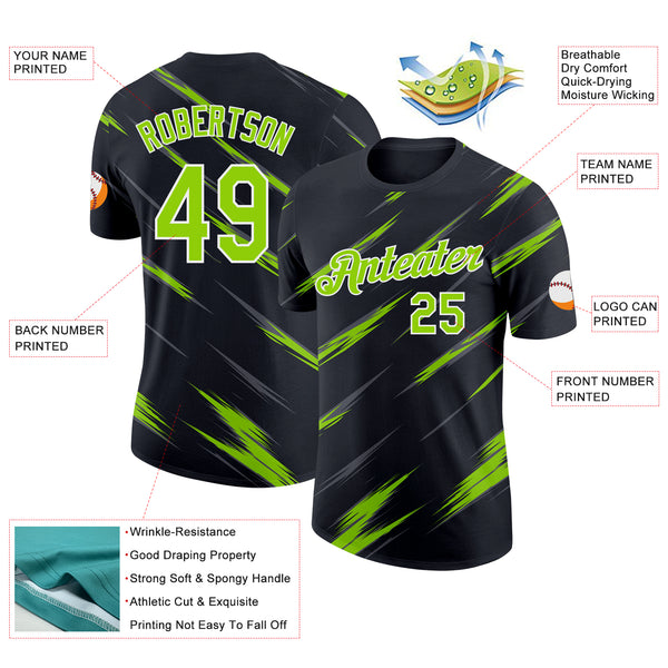 Custom Black Neon Green Steel Gray-White Abstract Brush Stroke Performance T-Shirt