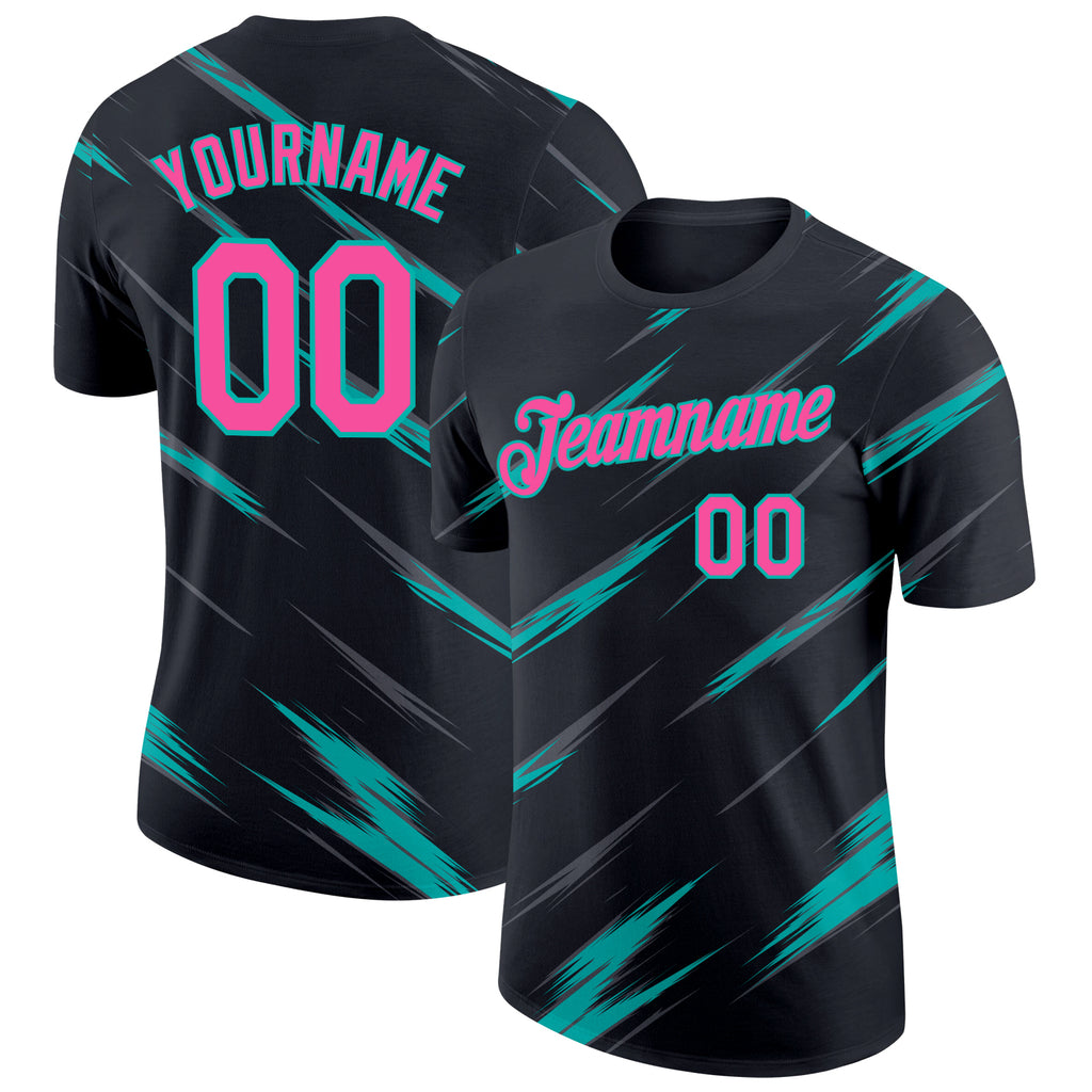 Custom Black Pink Steel Gray-Aqua Abstract Brush Stroke Performance T-Shirt