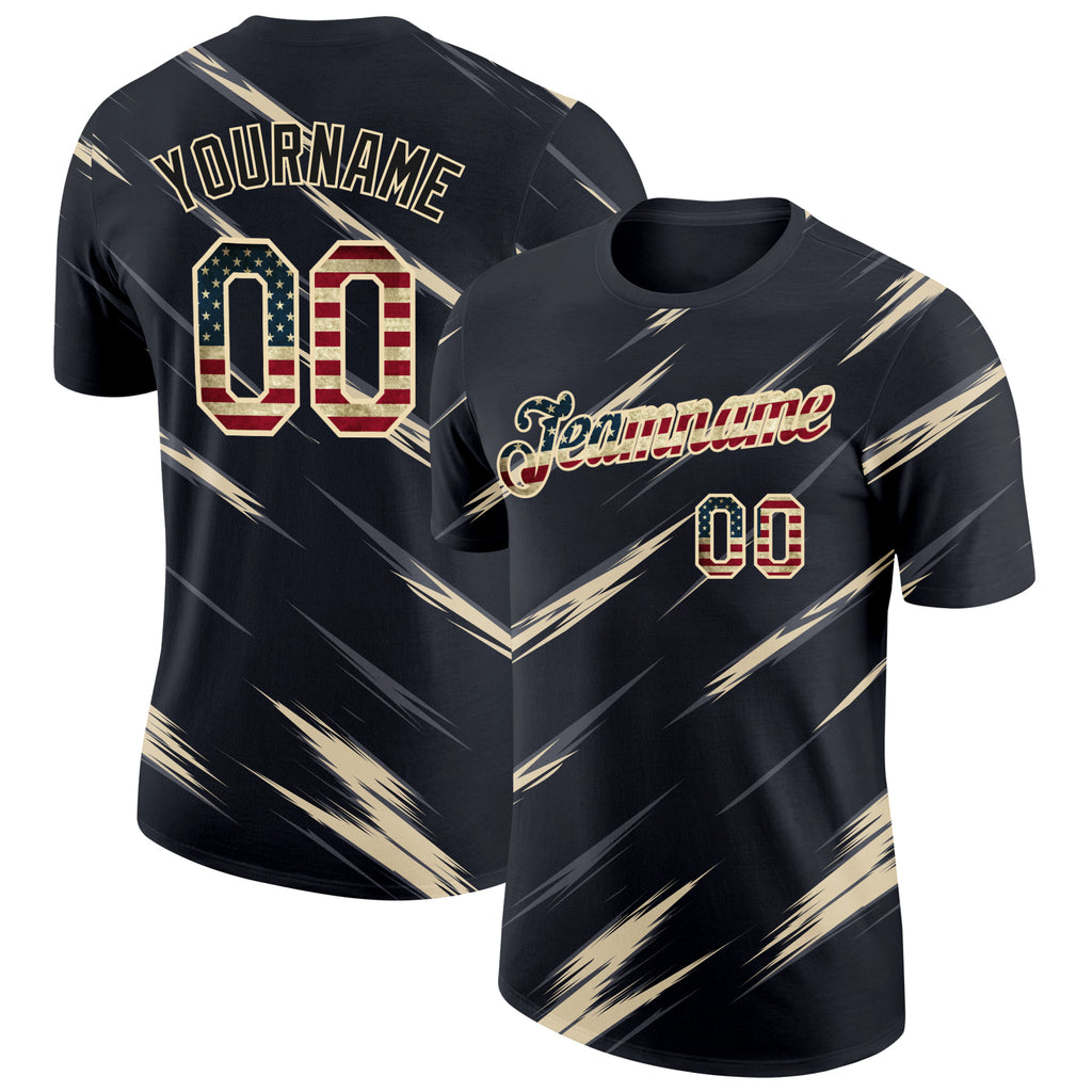 Custom Black Vintage USA Flag Steel Gray-Cream Abstract Brush Stroke Performance T-Shirt