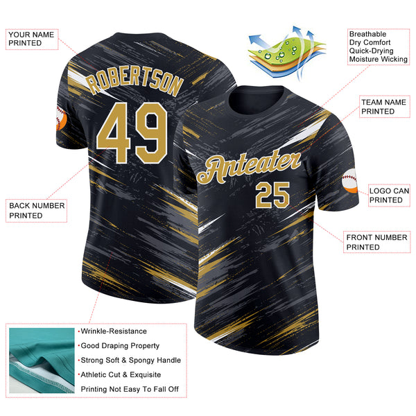 Custom Black Old Gold Steel Gray-White Abstract Brush Stroke Splatter Performance T-Shirt