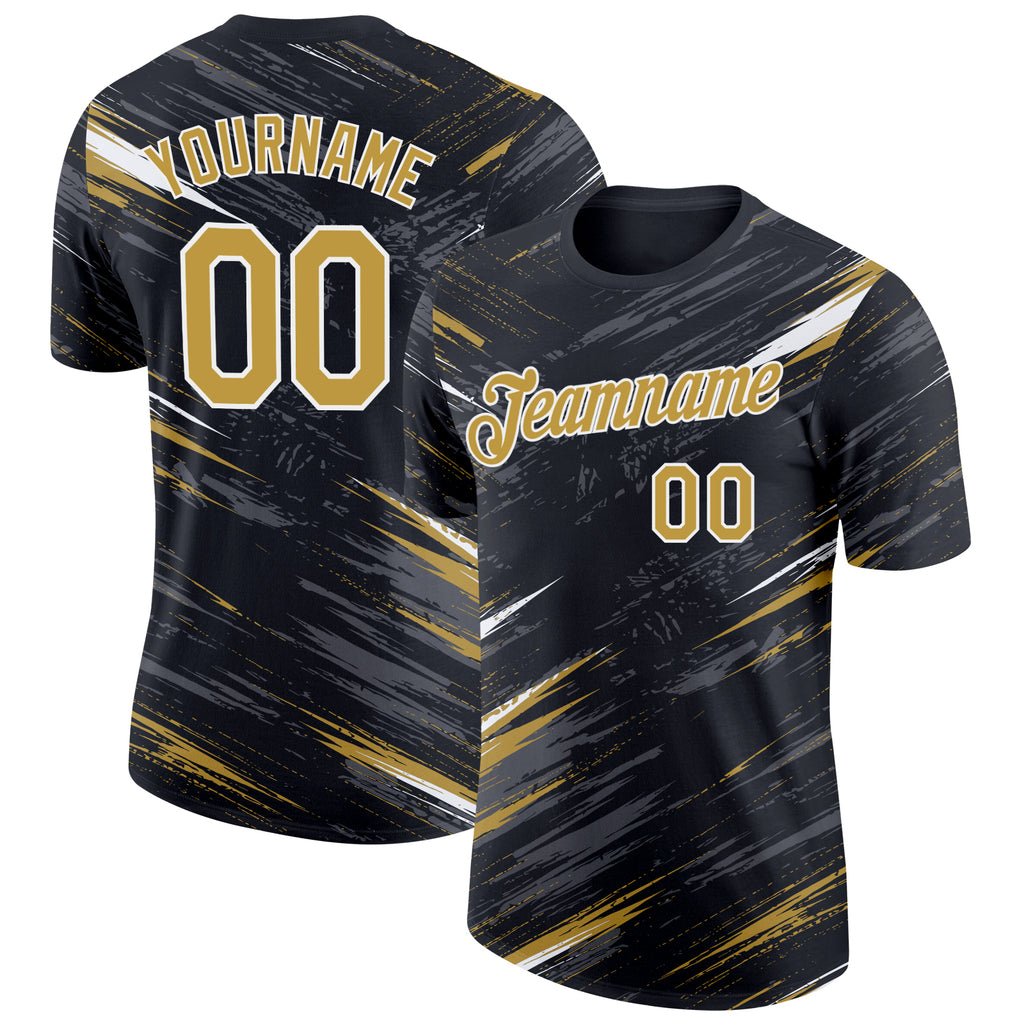 Custom Black Old Gold Steel Gray-White Abstract Brush Stroke Splatter Performance T-Shirt