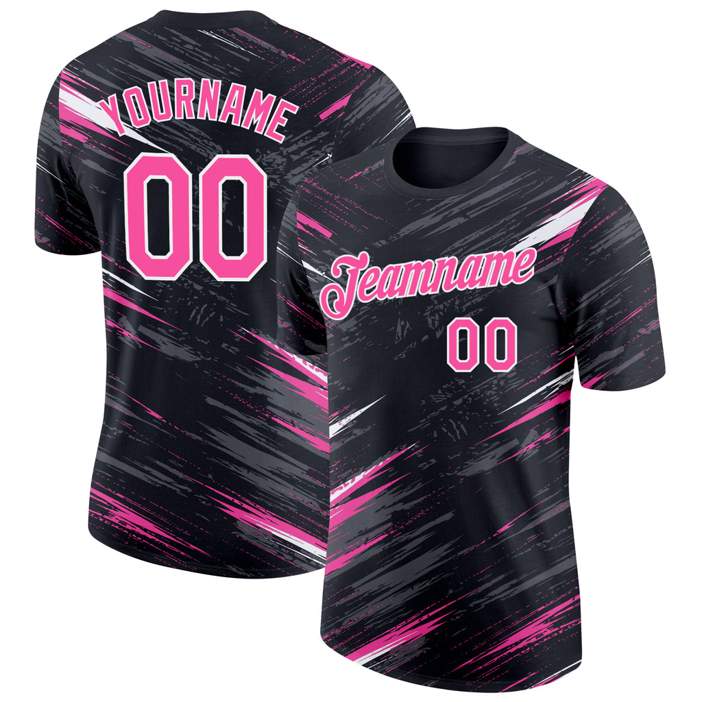 Custom Black Pink Steel Gray-White Abstract Brush Stroke Splatter Performance T-Shirt
