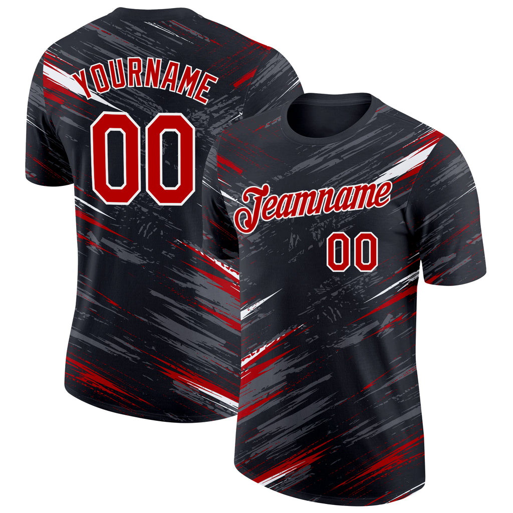 Custom Black Red Steel Gray-White Abstract Brush Stroke Splatter Performance T-Shirt