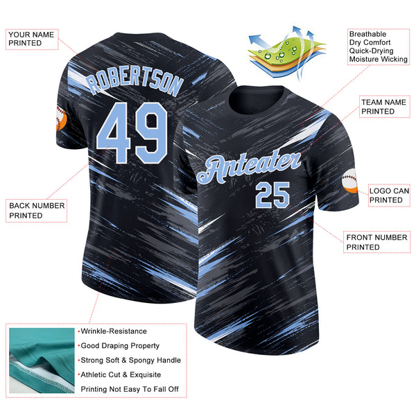 Custom Black Light Blue Steel Gray-White Abstract Brush Stroke Splatter Performance T-Shirt