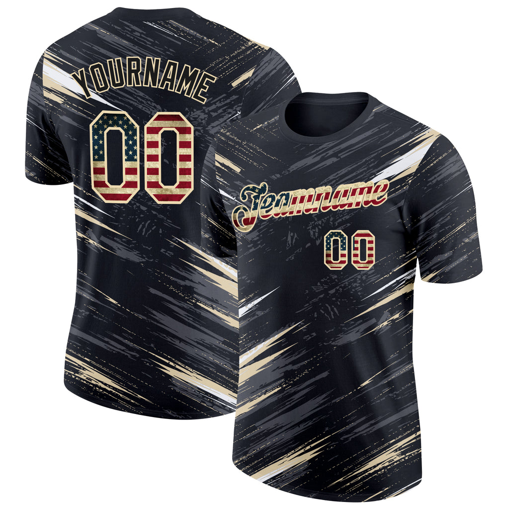Custom Black Vintage USA Flag Steel Gray-Cream Abstract Brush Stroke Splatter Performance T-Shirt