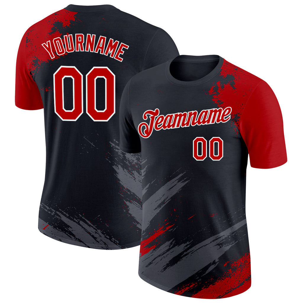 Custom Black Red Steel Gray-White Abstract Brush Stroke Splatter Performance T-Shirt