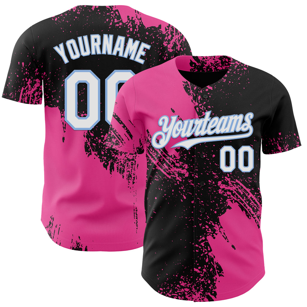 Custom Black White Pink-Light Blue Abstract Brush Stroke Authentic Baseball Jersey