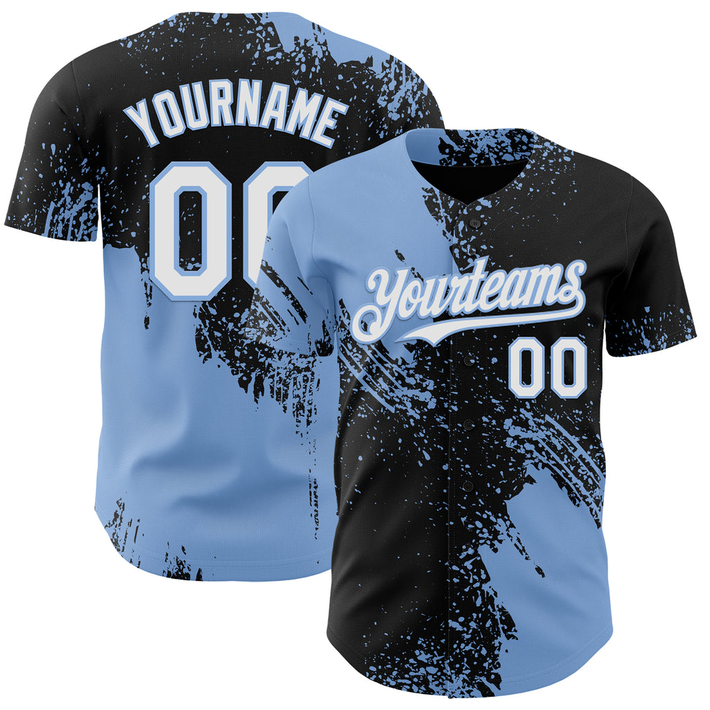 Custom Black White-Light Blue Abstract Brush Stroke Authentic Baseball Jersey