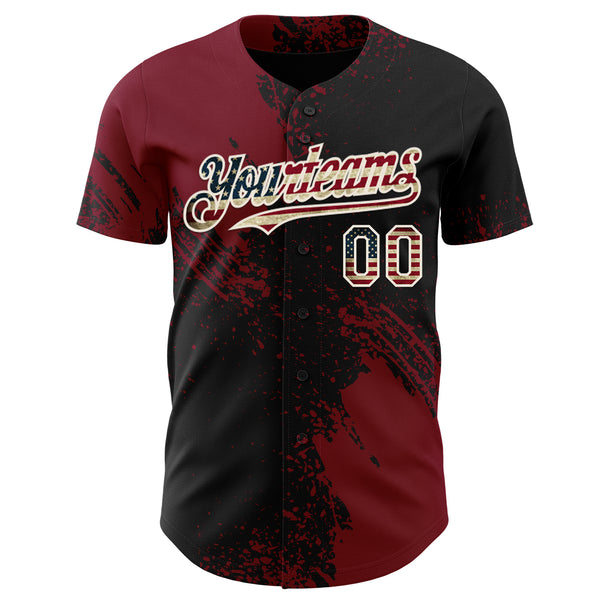 Custom Black Vintage USA Flag Crimson-Cream Abstract Brush Stroke Authentic Baseball Jersey