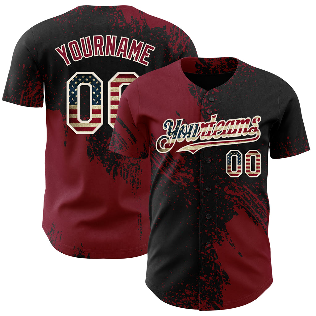 Custom Black Vintage USA Flag Crimson-Cream Abstract Brush Stroke Authentic Baseball Jersey