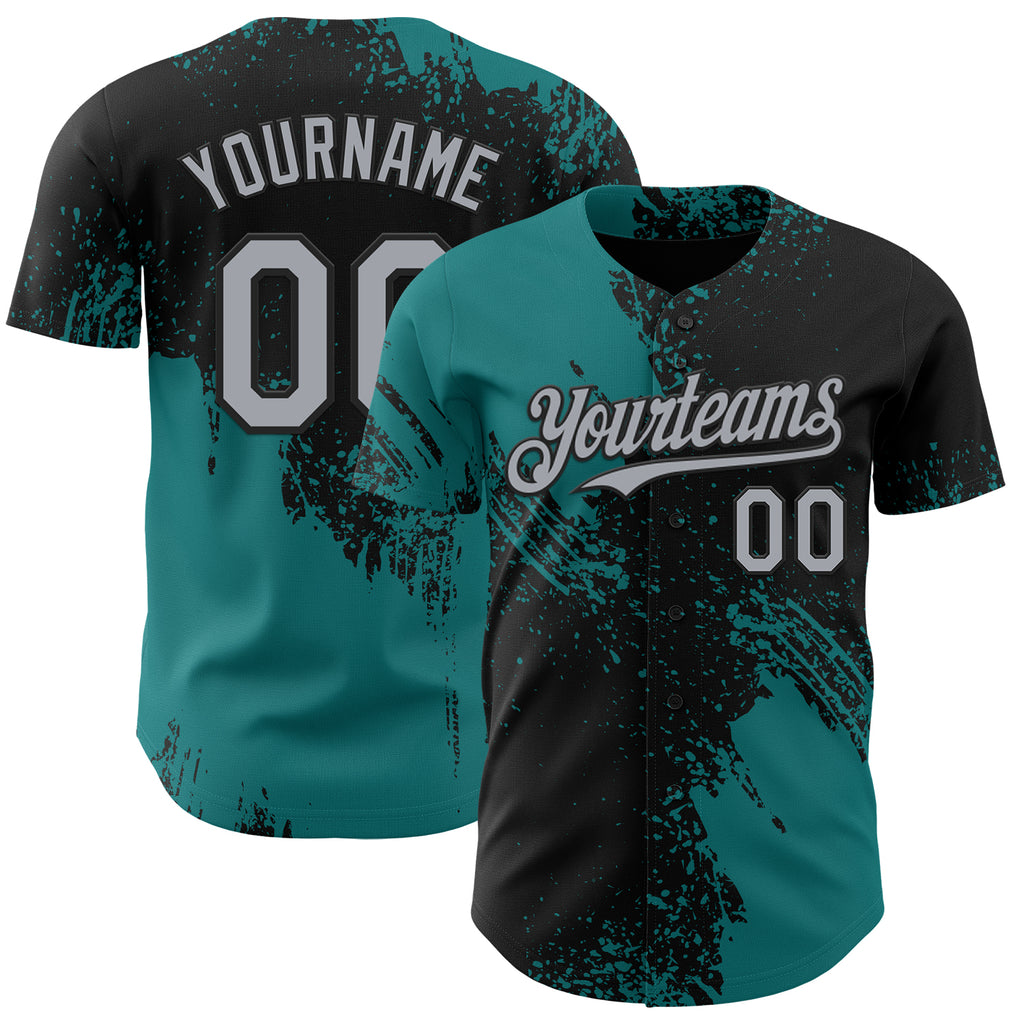 Custom Black Gray-Teal Abstract Brush Stroke Authentic Baseball Jersey